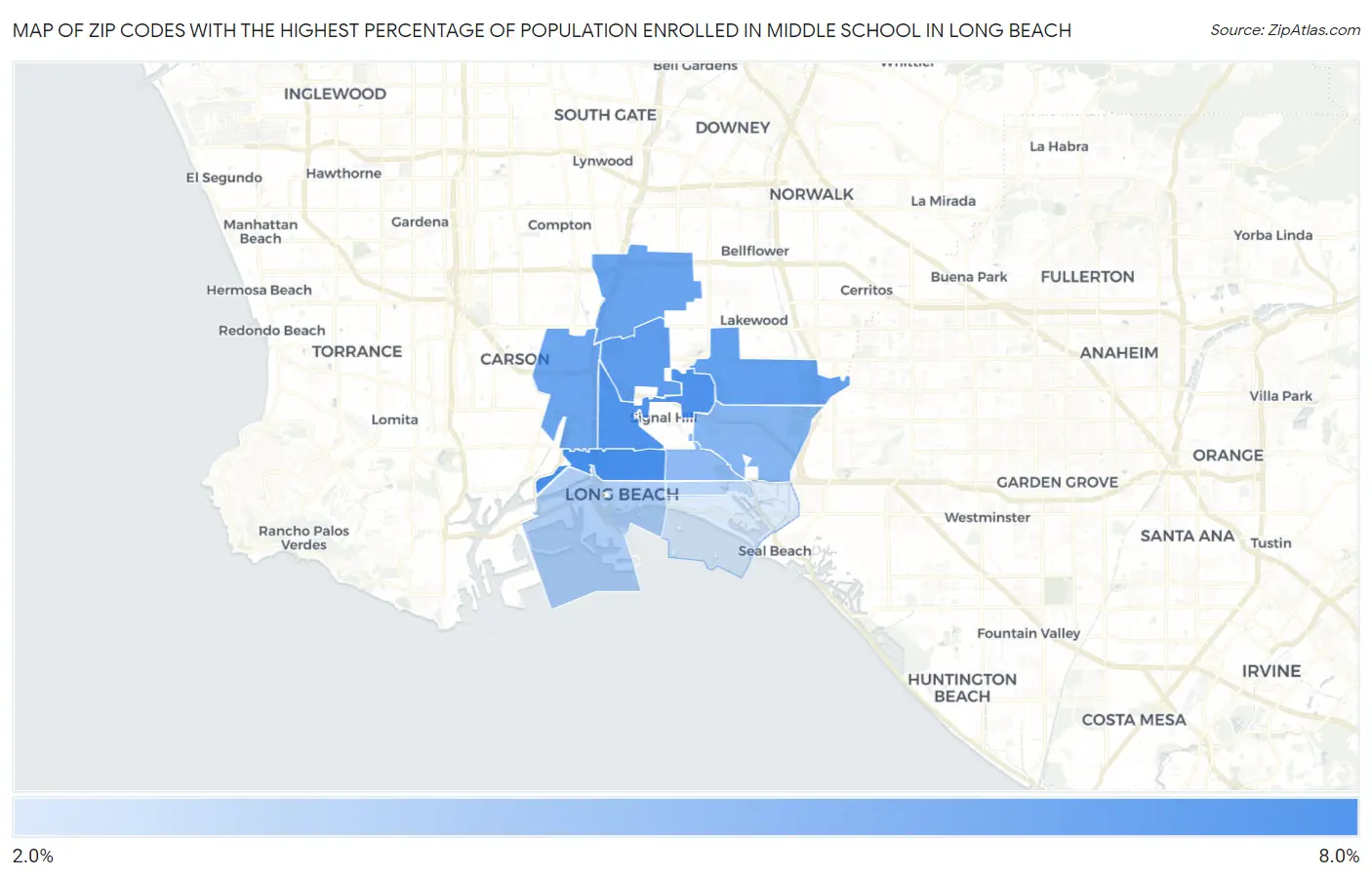 Zip Codes with the Highest Percentage of Population Enrolled in Middle School in Long Beach Map