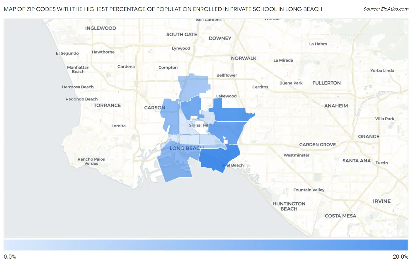 Zip Codes with the Highest Percentage of Population Enrolled in Private School in Long Beach Map