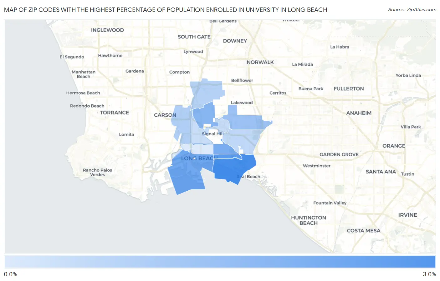 Zip Codes with the Highest Percentage of Population Enrolled in University in Long Beach Map