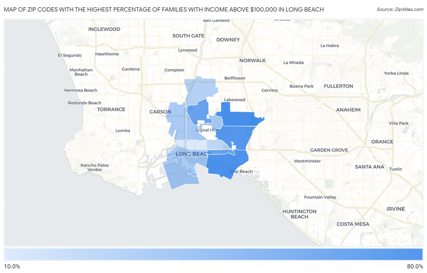 Zip Codes with the Highest Percentage of Families with Income Above $100,000 in Long Beach Map