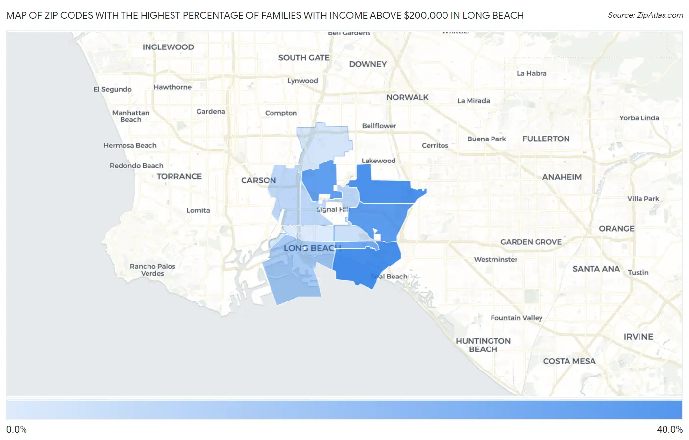 Zip Codes with the Highest Percentage of Families with Income Above $200,000 in Long Beach Map
