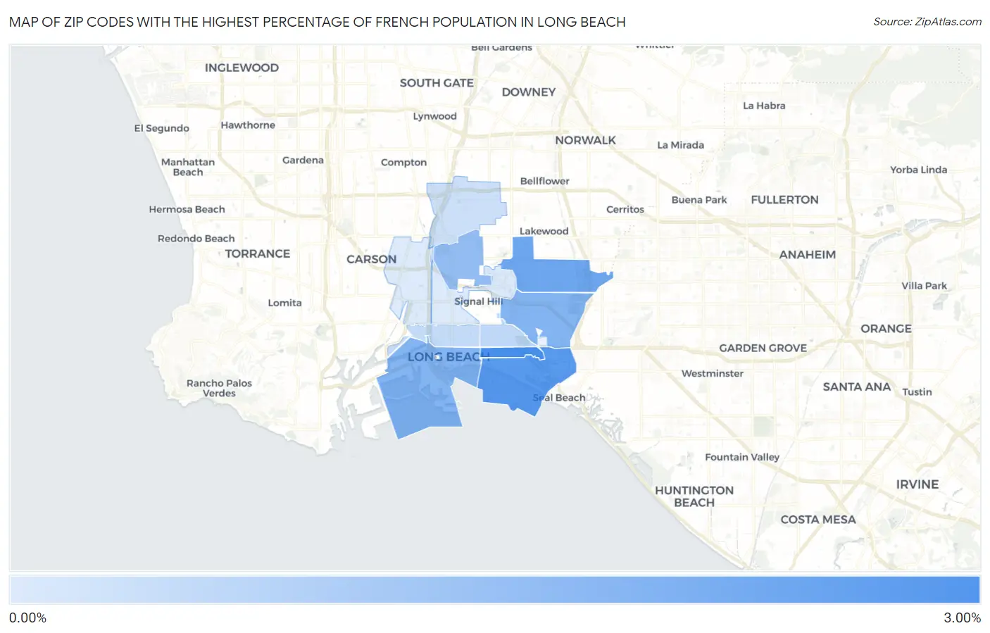 Zip Codes with the Highest Percentage of French Population in Long Beach Map