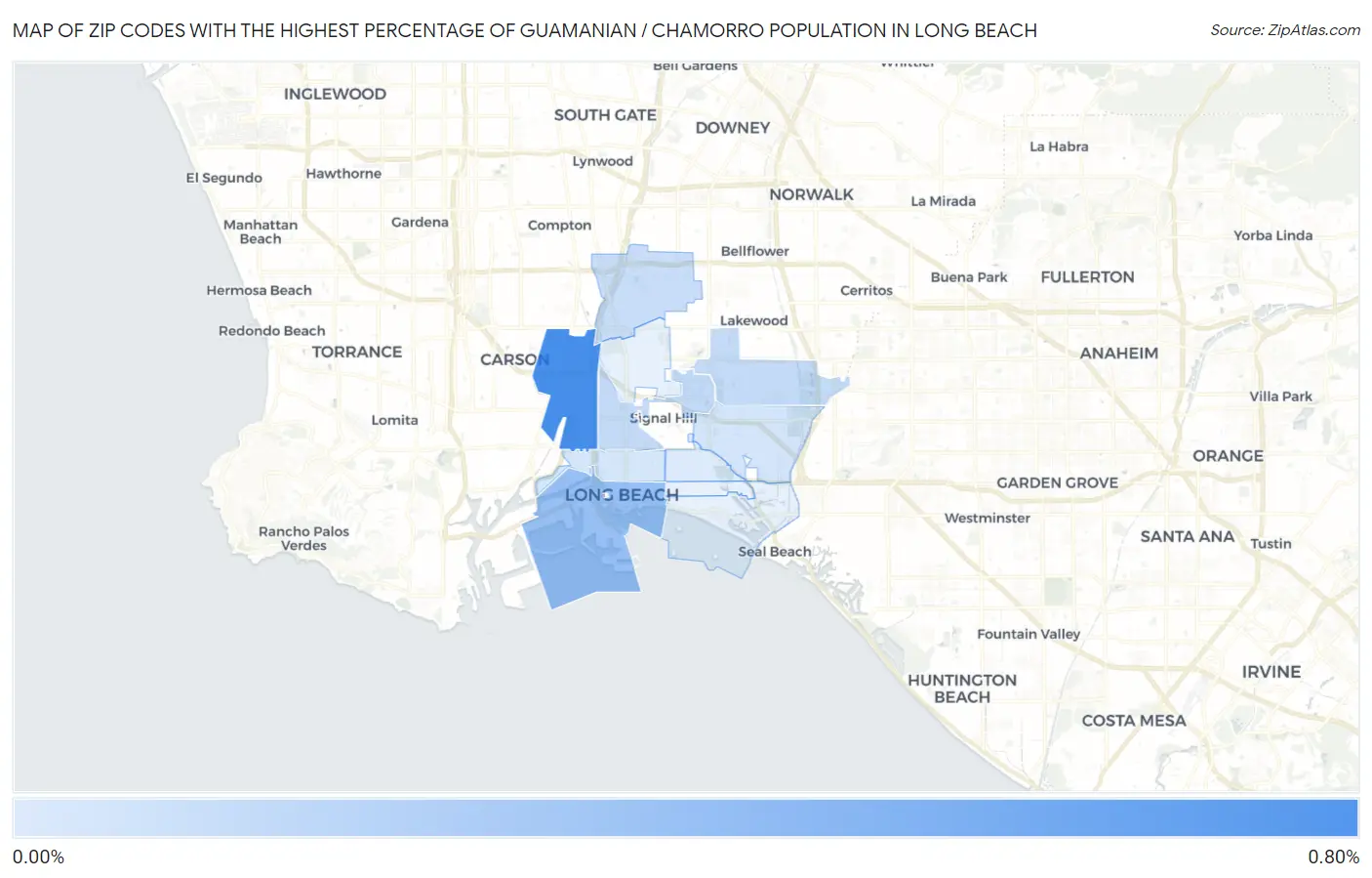 Zip Codes with the Highest Percentage of Guamanian / Chamorro Population in Long Beach Map