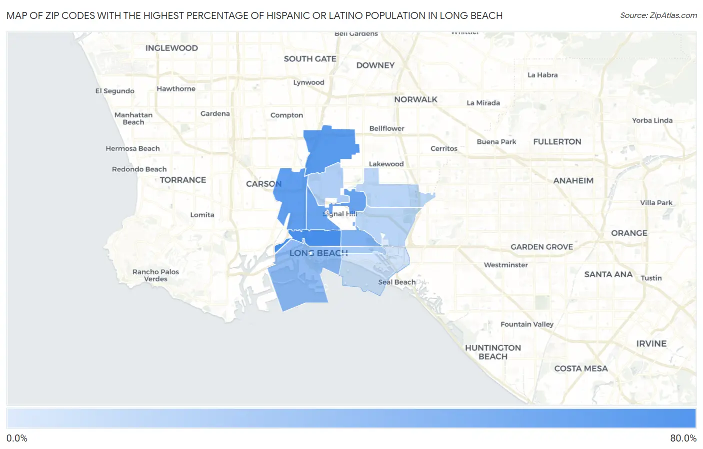 Zip Codes with the Highest Percentage of Hispanic or Latino Population in Long Beach Map