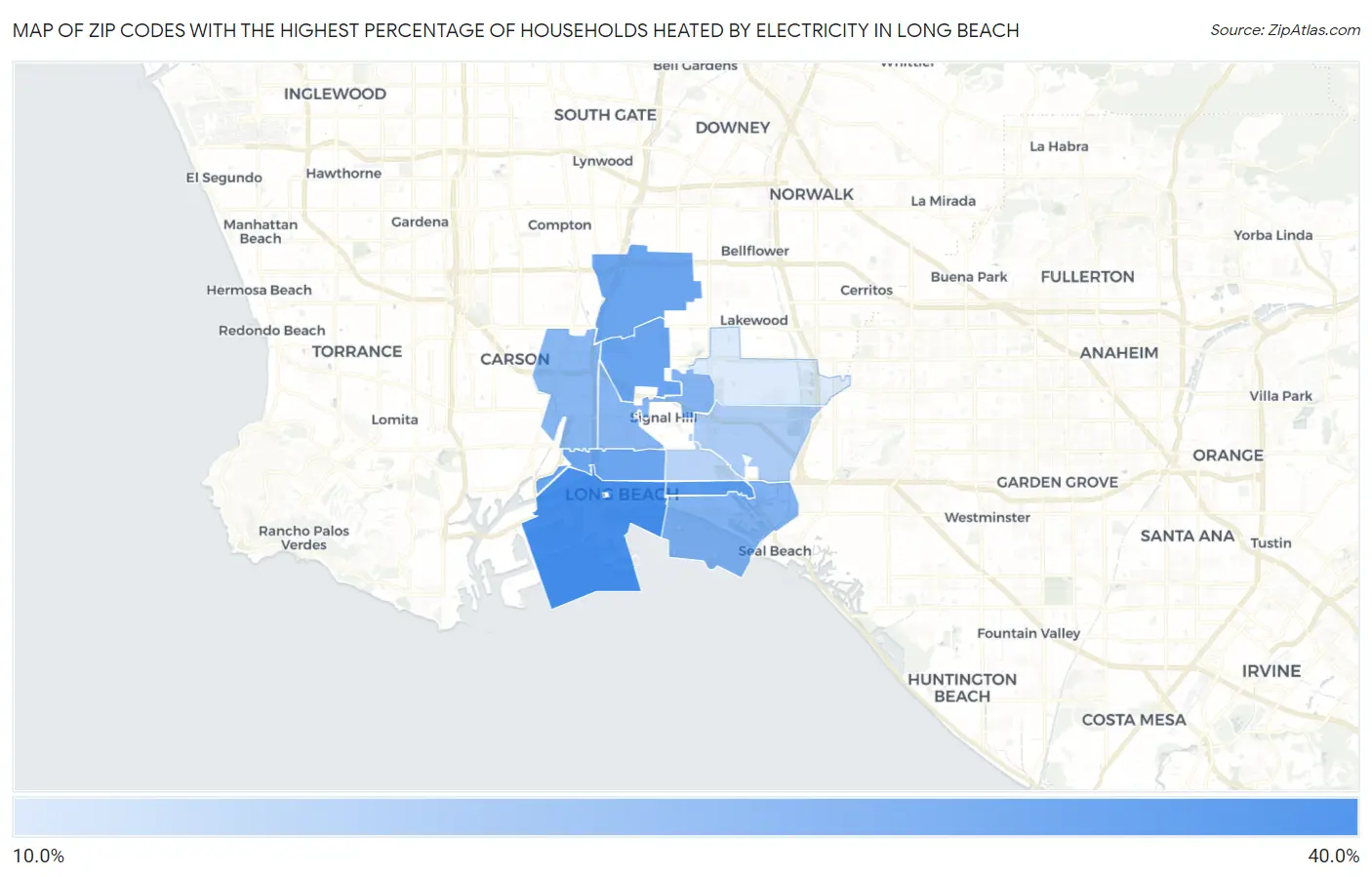 Zip Codes with the Highest Percentage of Households Heated by Electricity in Long Beach Map