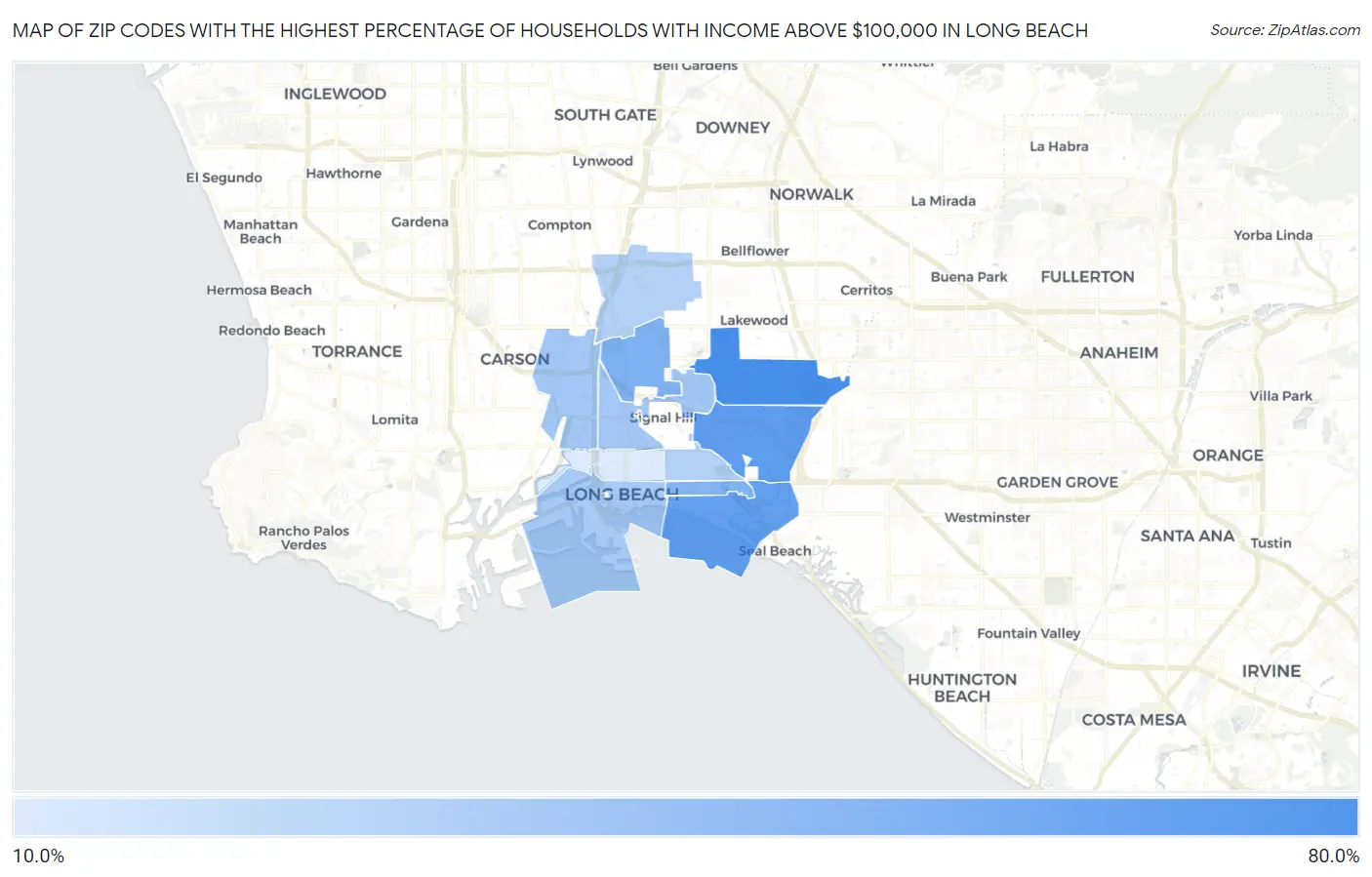 Zip Codes with the Highest Percentage of Households with Income Above $100,000 in Long Beach Map