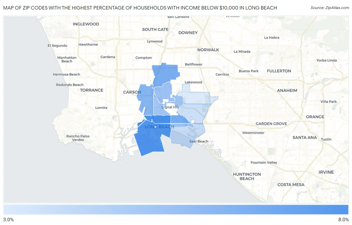 Zip Codes with the Highest Percentage of Households with Income Below $10,000 in Long Beach Map