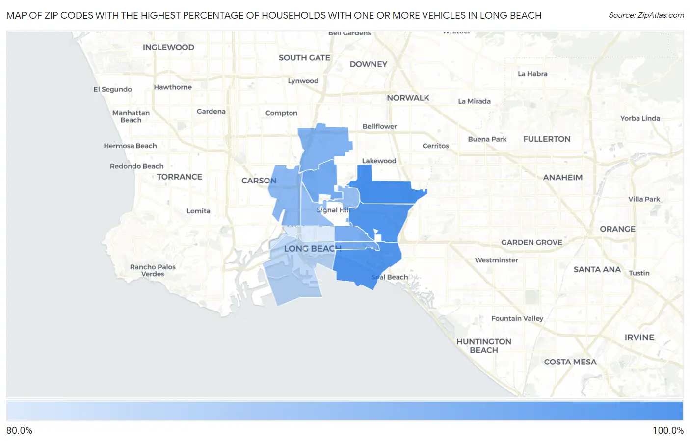 Zip Codes with the Highest Percentage of Households With One or more Vehicles in Long Beach Map