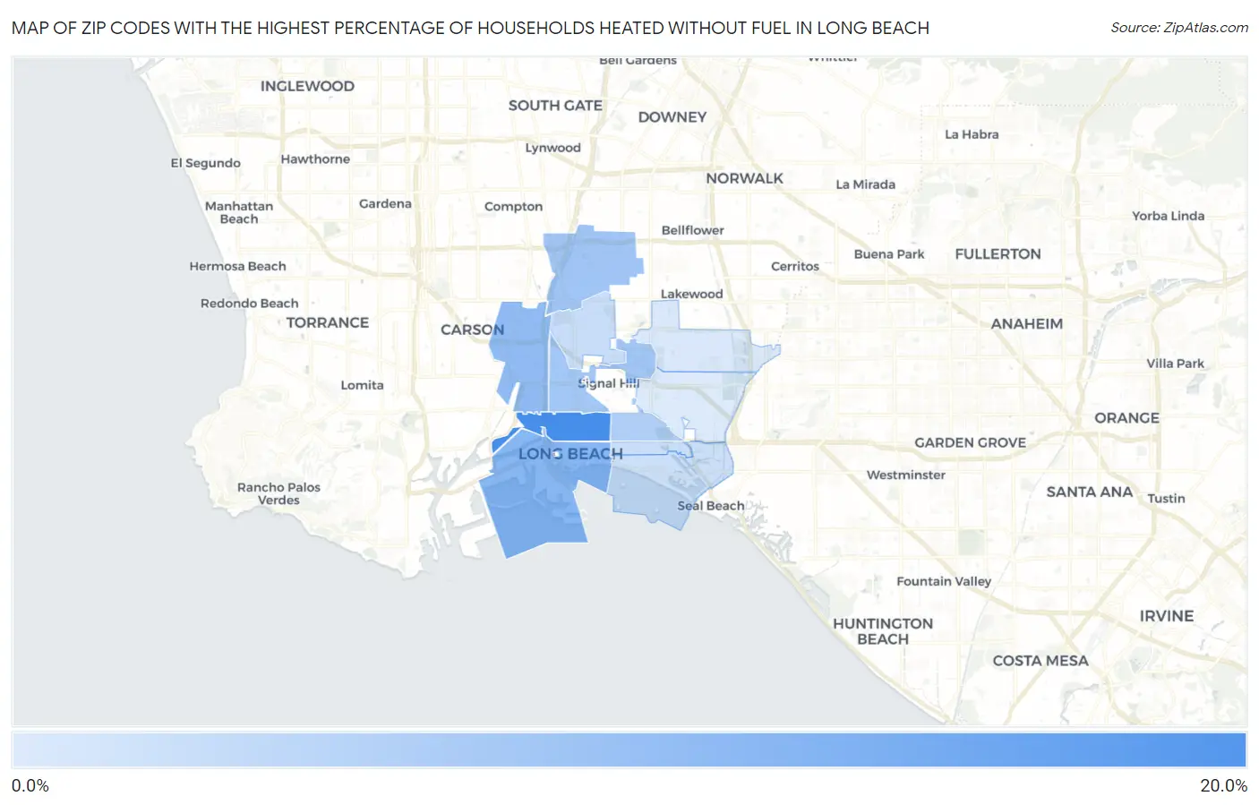 Zip Codes with the Highest Percentage of Households Heated without Fuel in Long Beach Map