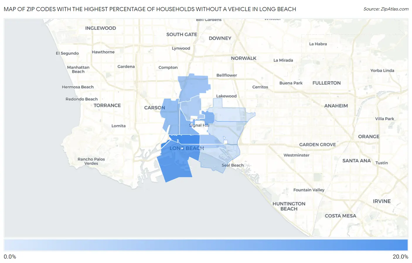 Zip Codes with the Highest Percentage of Households Without a Vehicle in Long Beach Map