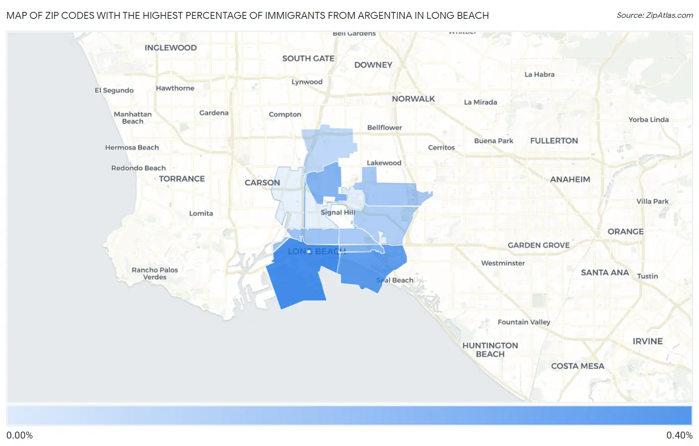 Zip Codes with the Highest Percentage of Immigrants from Argentina in Long Beach Map