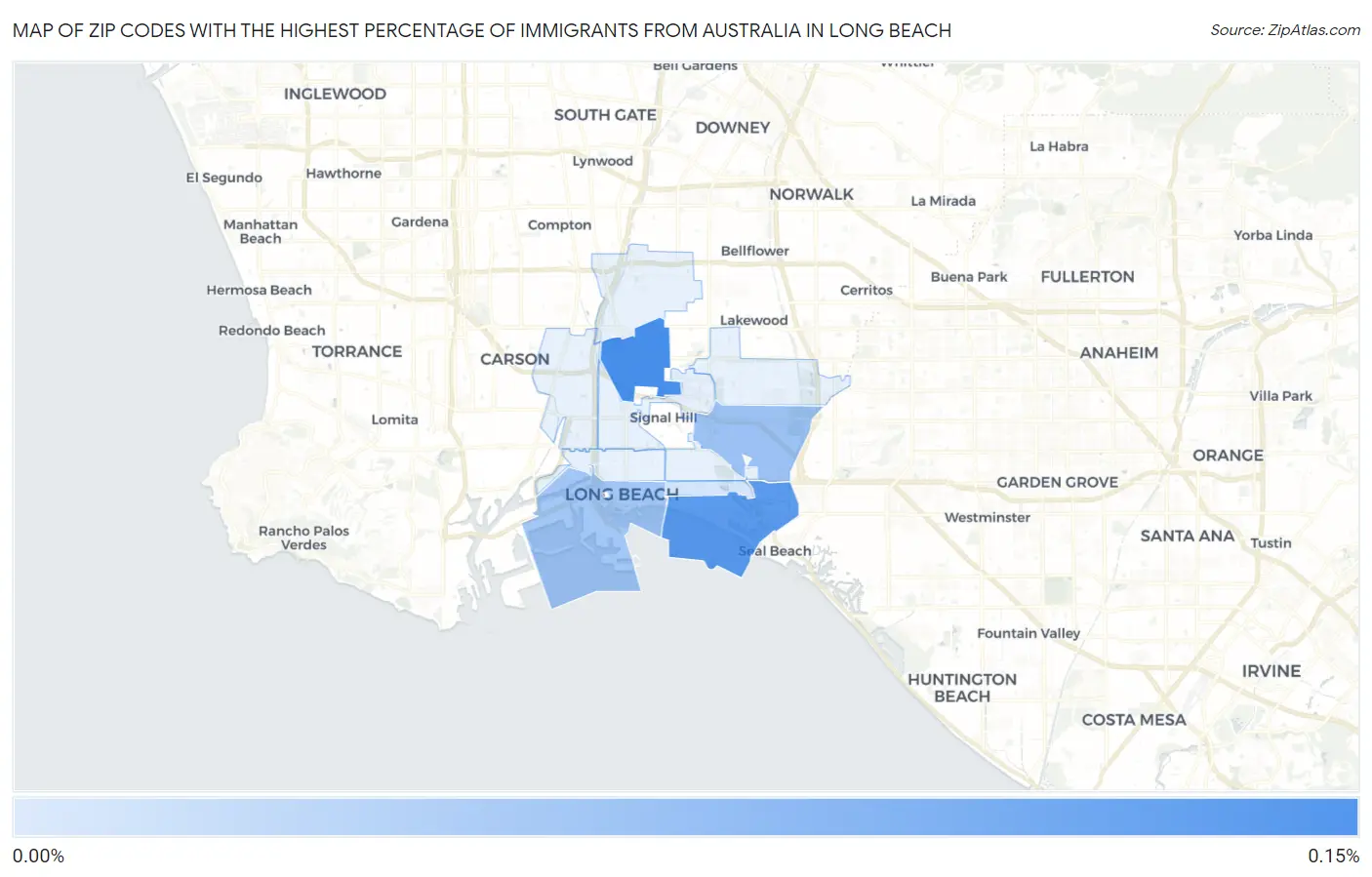 Zip Codes with the Highest Percentage of Immigrants from Australia in Long Beach Map