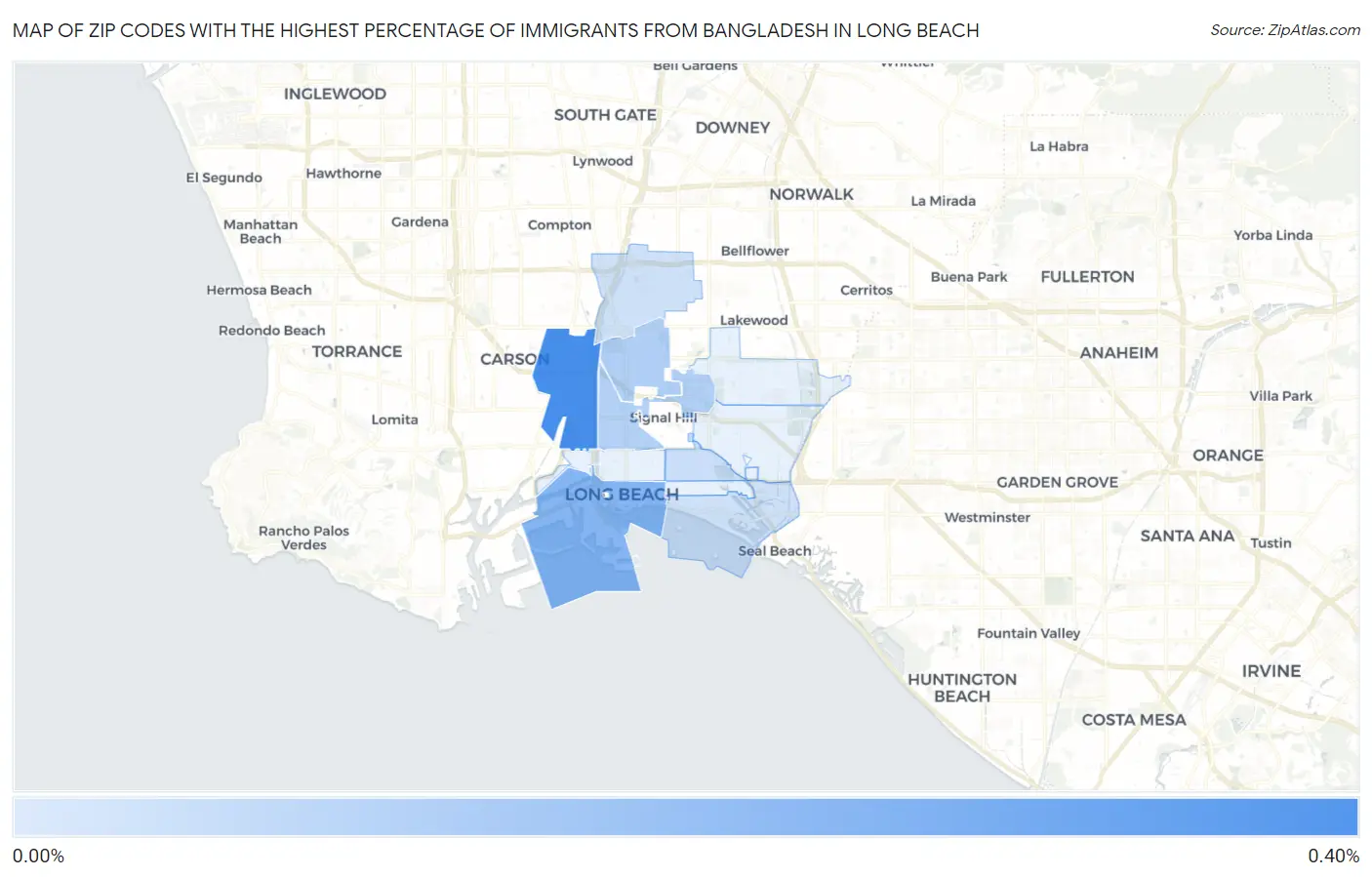 Zip Codes with the Highest Percentage of Immigrants from Bangladesh in Long Beach Map
