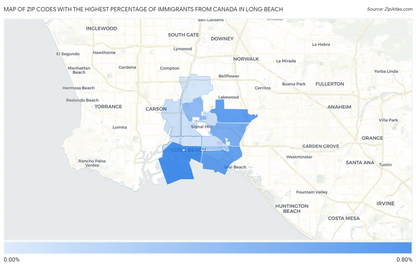 Zip Codes with the Highest Percentage of Immigrants from Canada in Long Beach Map