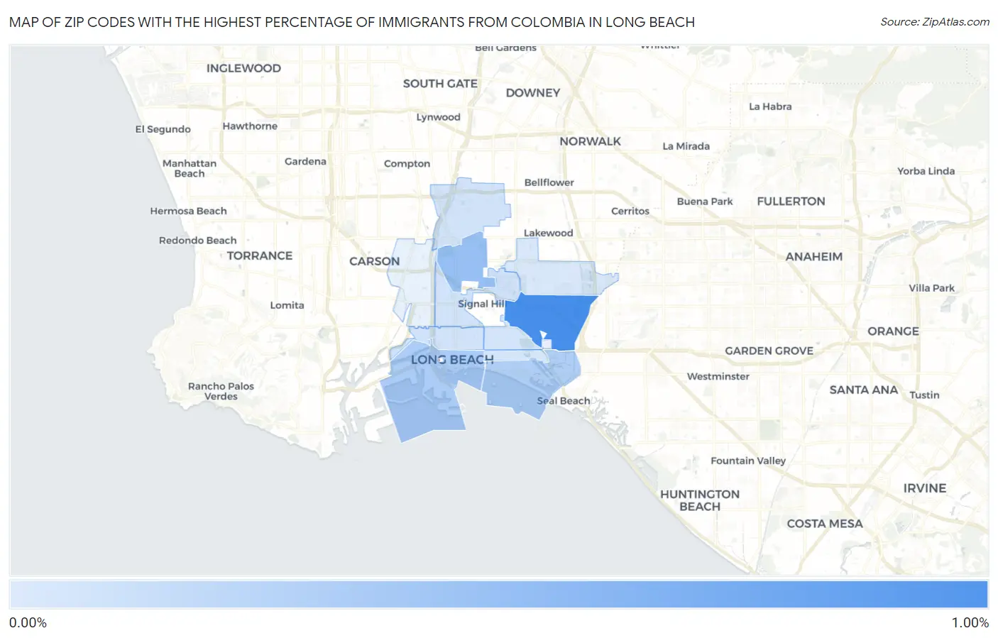 Zip Codes with the Highest Percentage of Immigrants from Colombia in Long Beach Map