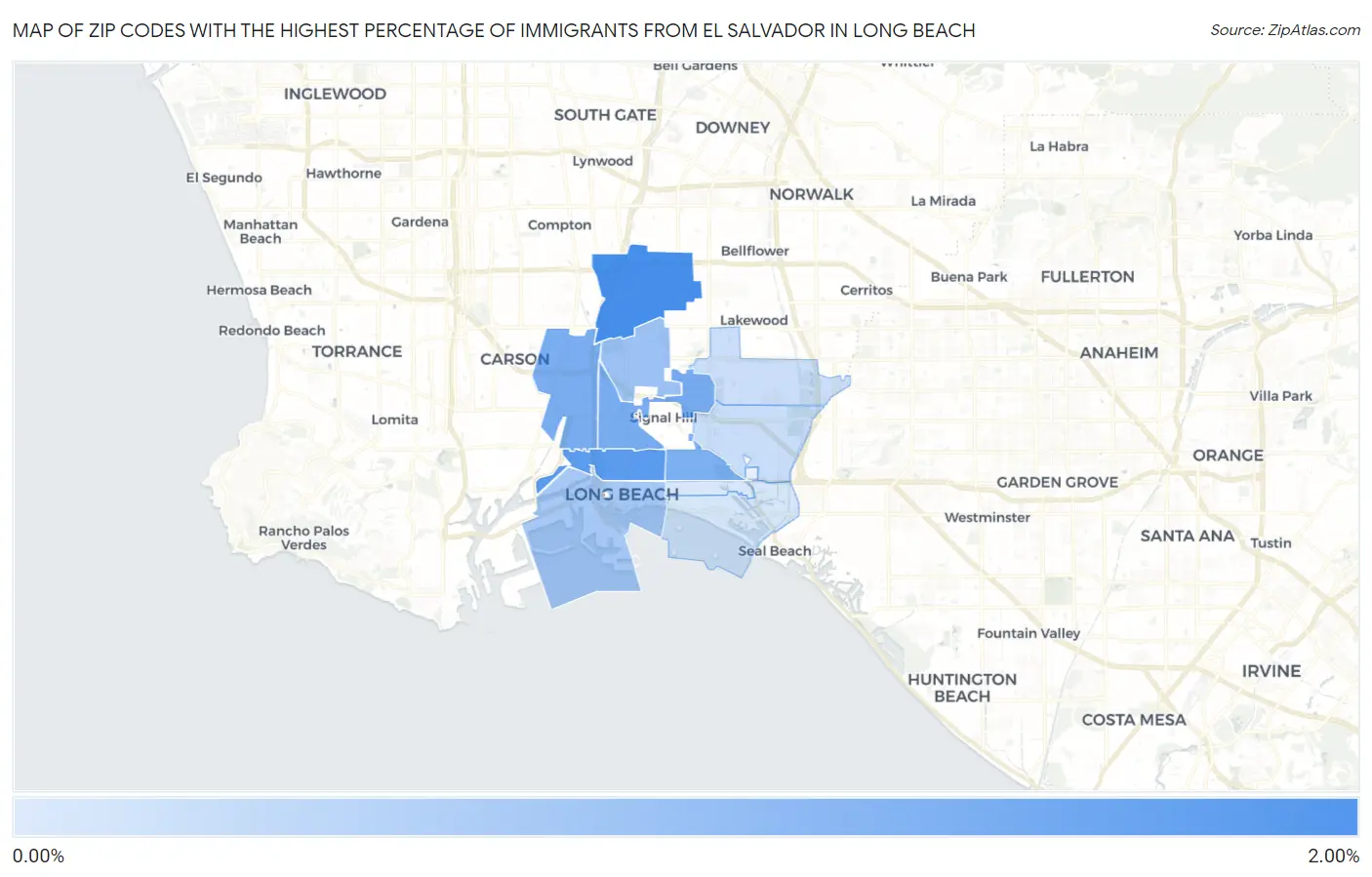 Zip Codes with the Highest Percentage of Immigrants from El Salvador in Long Beach Map