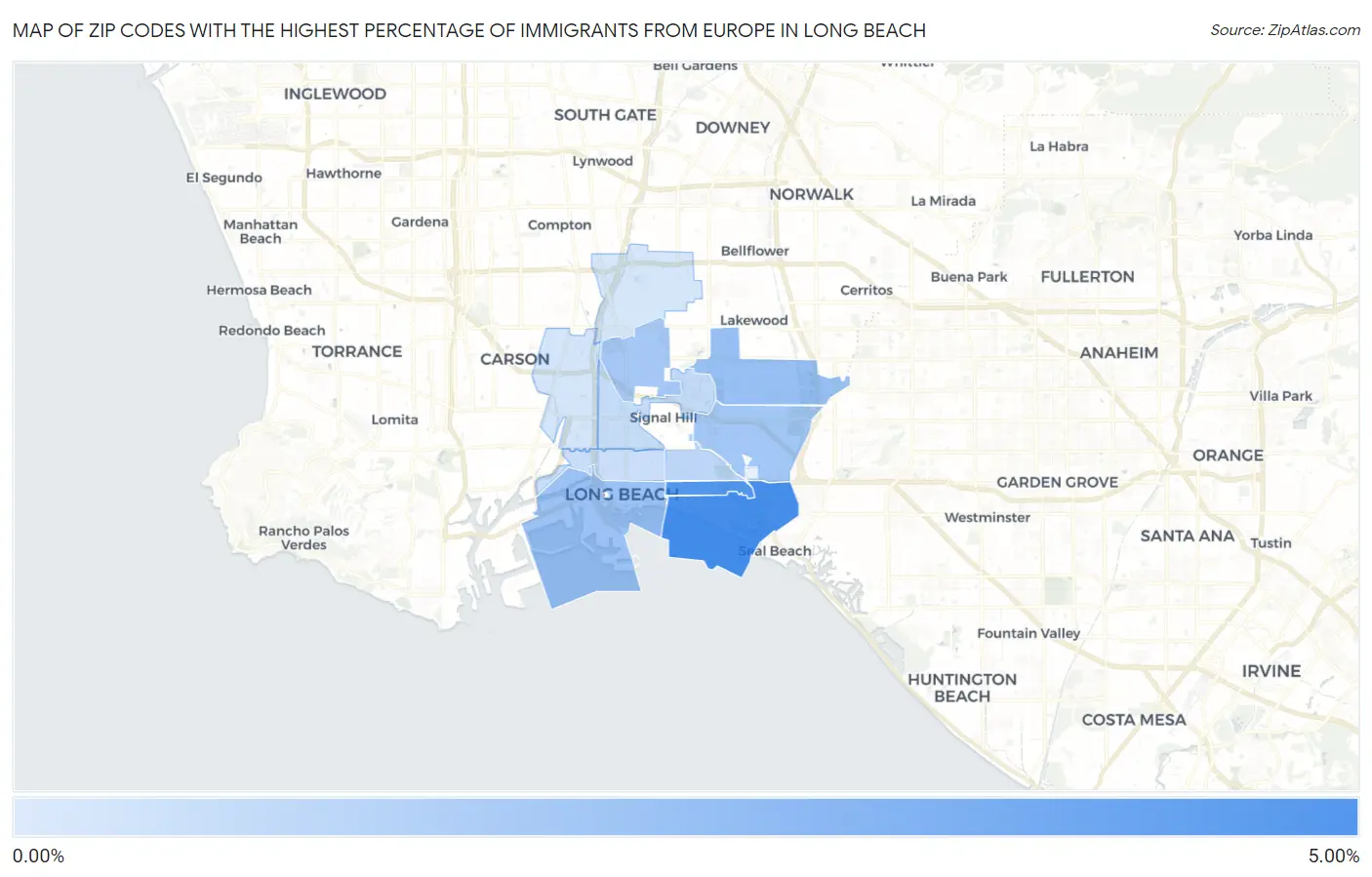 Zip Codes with the Highest Percentage of Immigrants from Europe in Long Beach Map