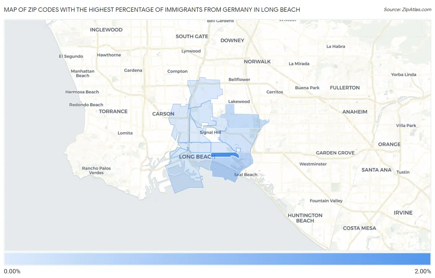 Zip Codes with the Highest Percentage of Immigrants from Germany in Long Beach Map