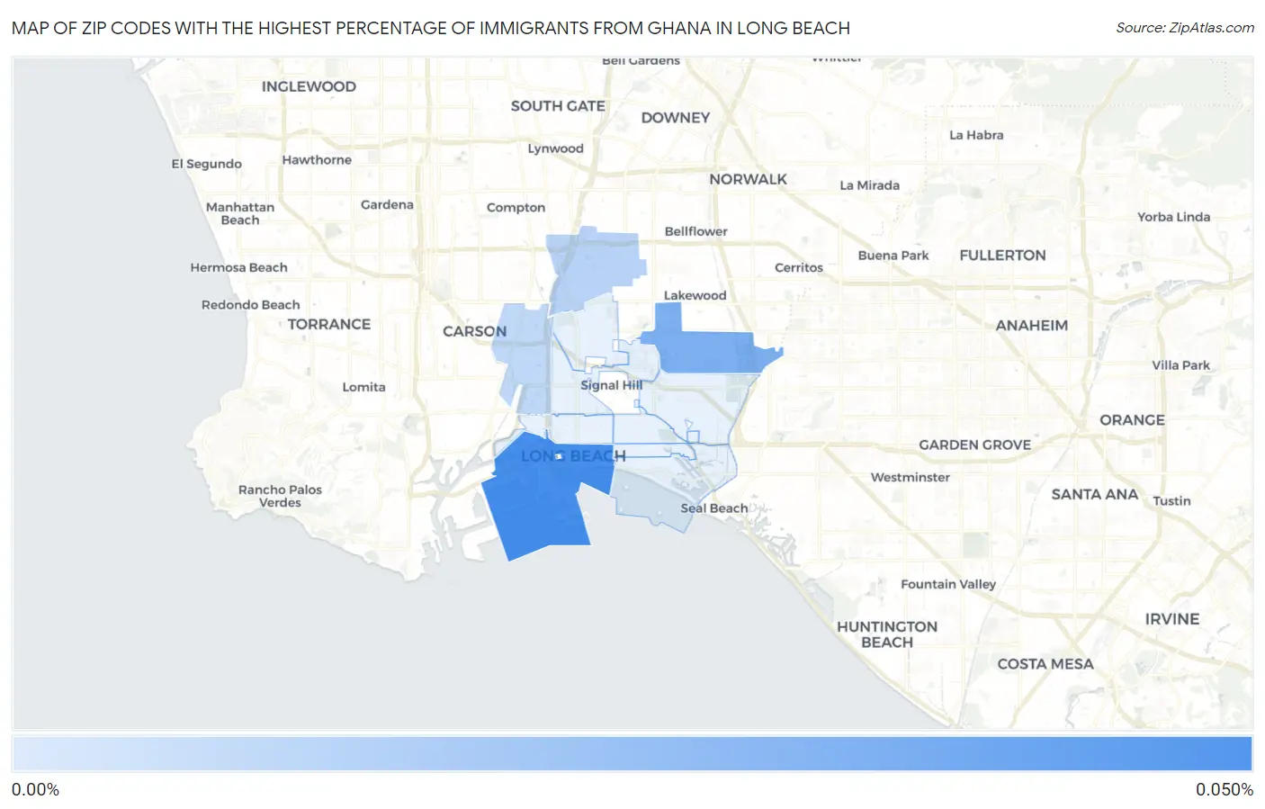 Zip Codes with the Highest Percentage of Immigrants from Ghana in Long Beach Map