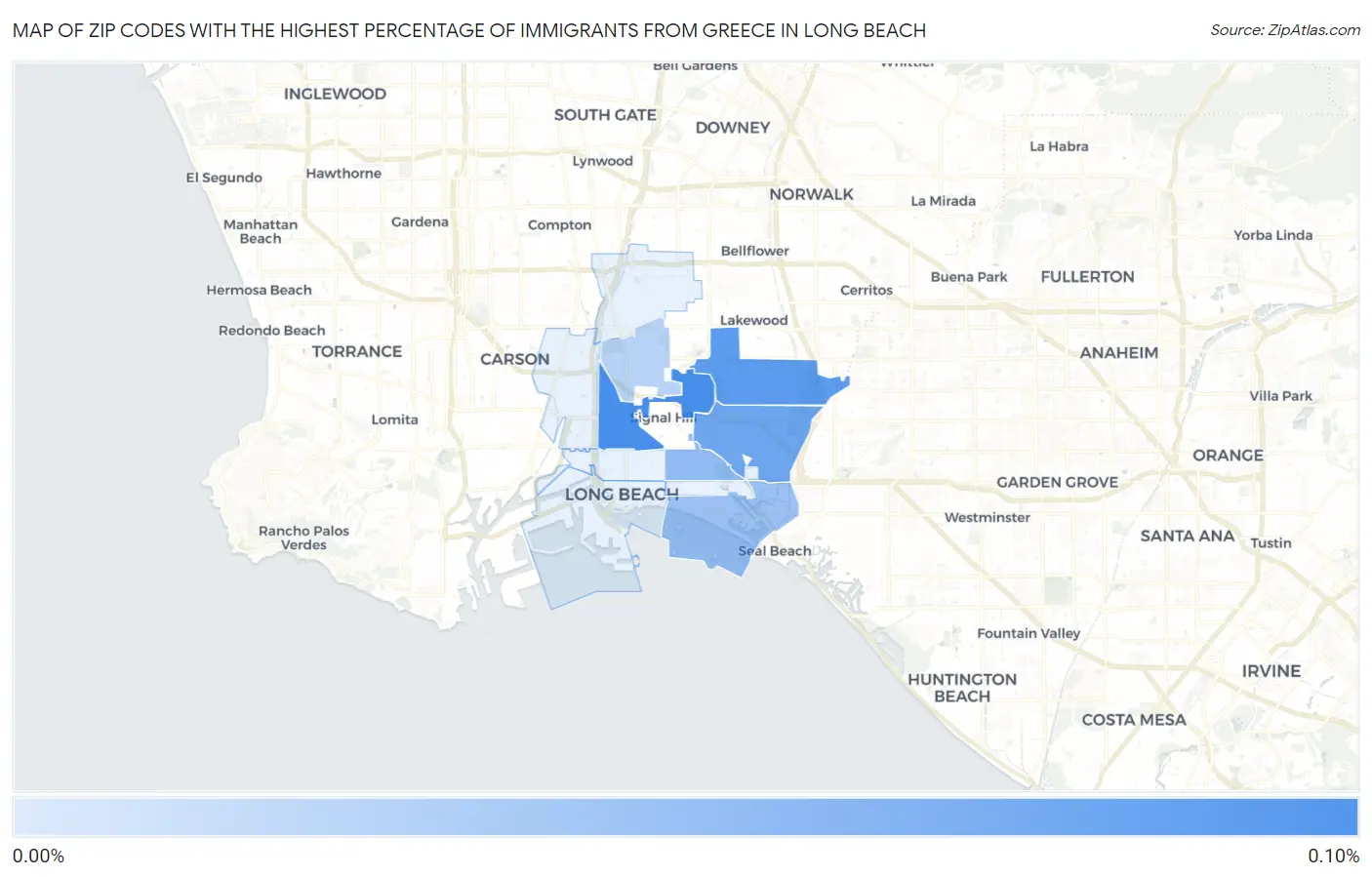 Zip Codes with the Highest Percentage of Immigrants from Greece in Long Beach Map