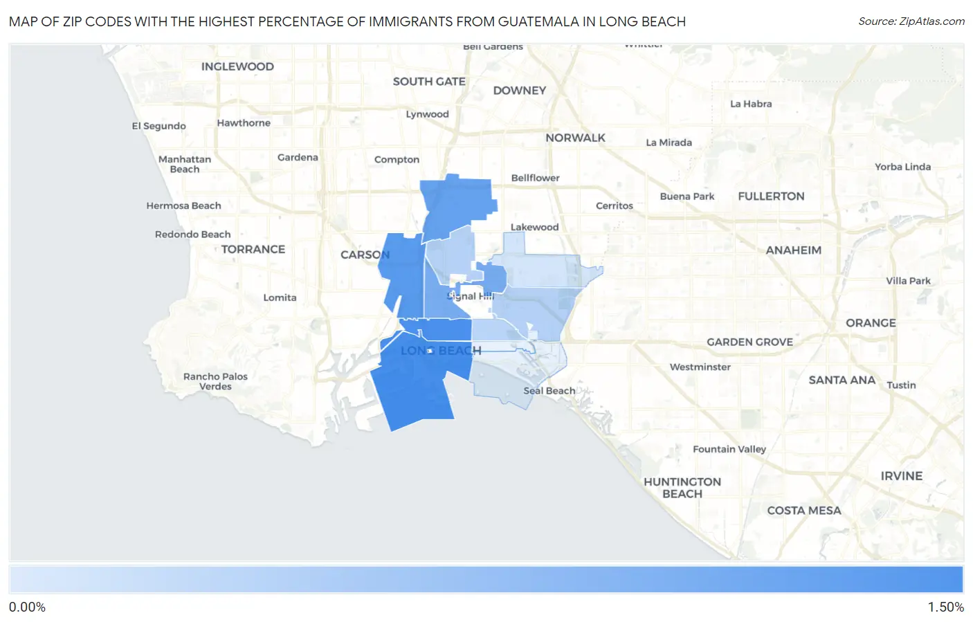 Zip Codes with the Highest Percentage of Immigrants from Guatemala in Long Beach Map
