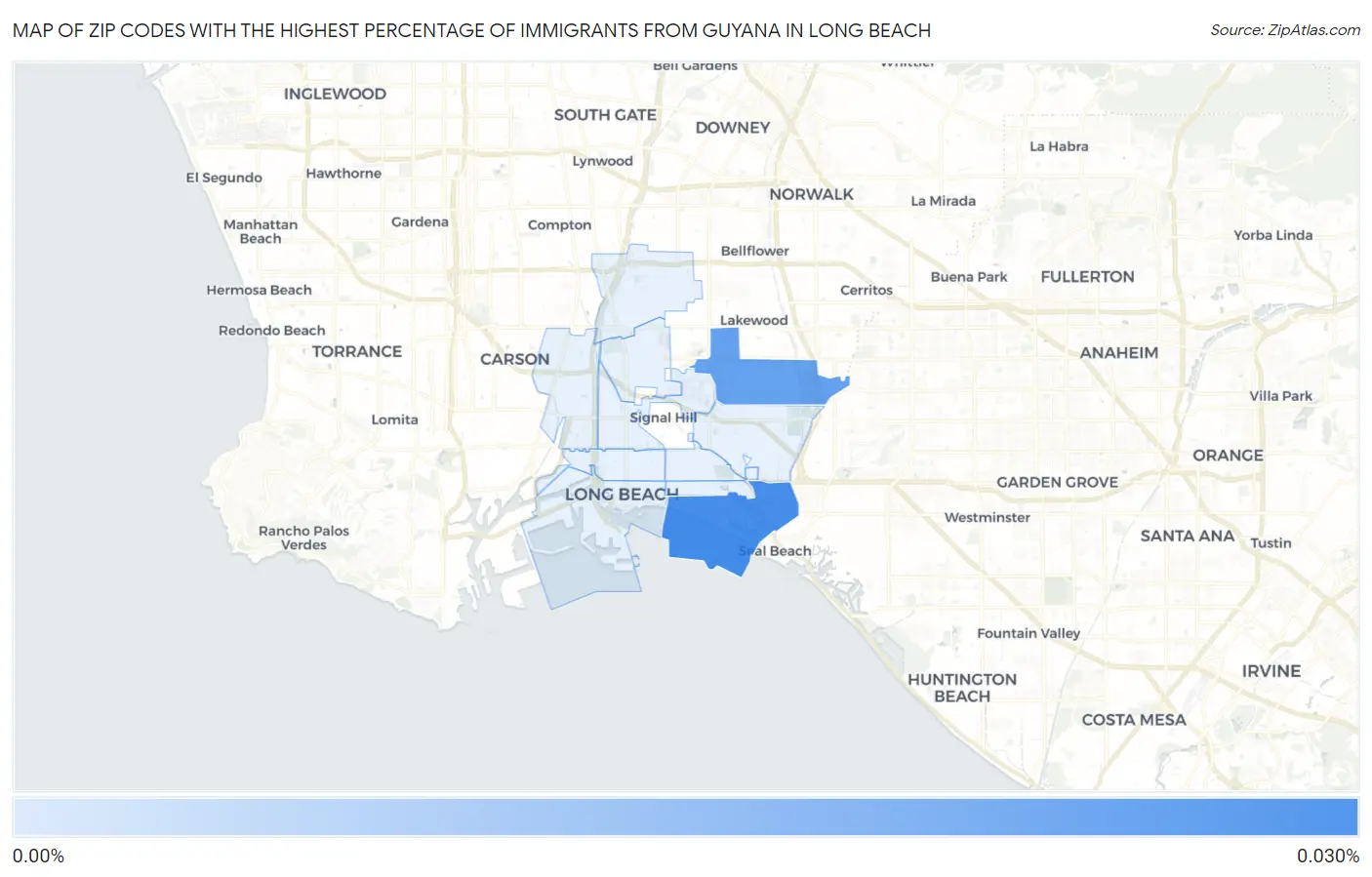 Zip Codes with the Highest Percentage of Immigrants from Guyana in Long Beach Map