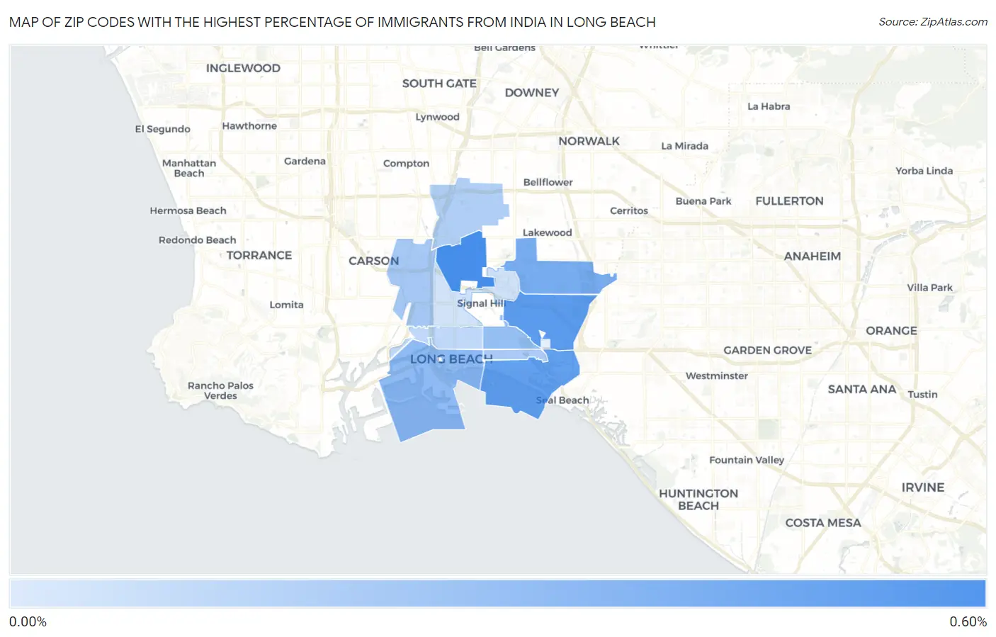 Zip Codes with the Highest Percentage of Immigrants from India in Long Beach Map