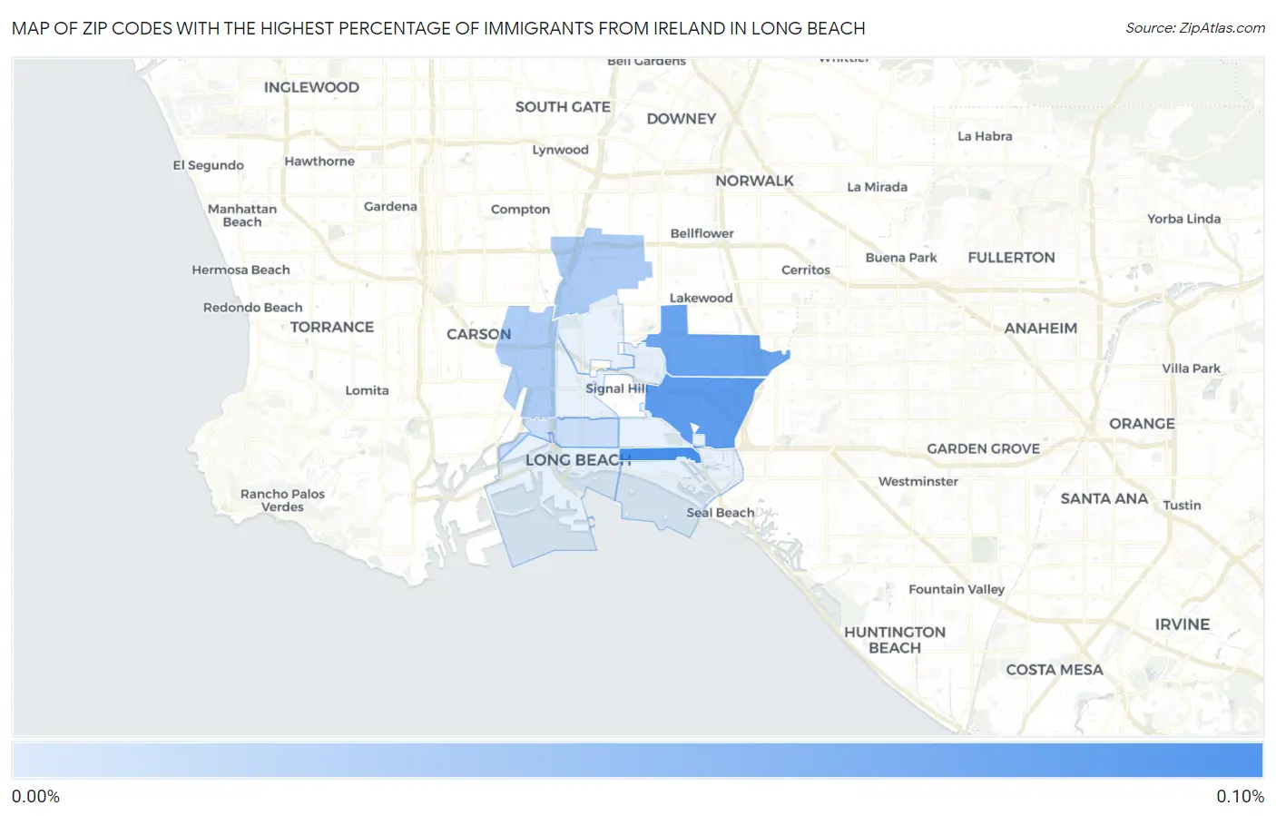 Zip Codes with the Highest Percentage of Immigrants from Ireland in Long Beach Map