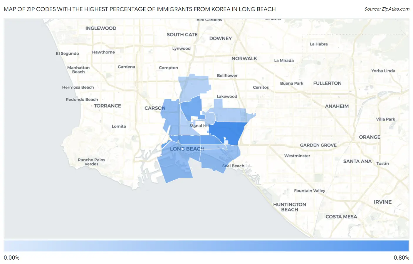 Zip Codes with the Highest Percentage of Immigrants from Korea in Long Beach Map