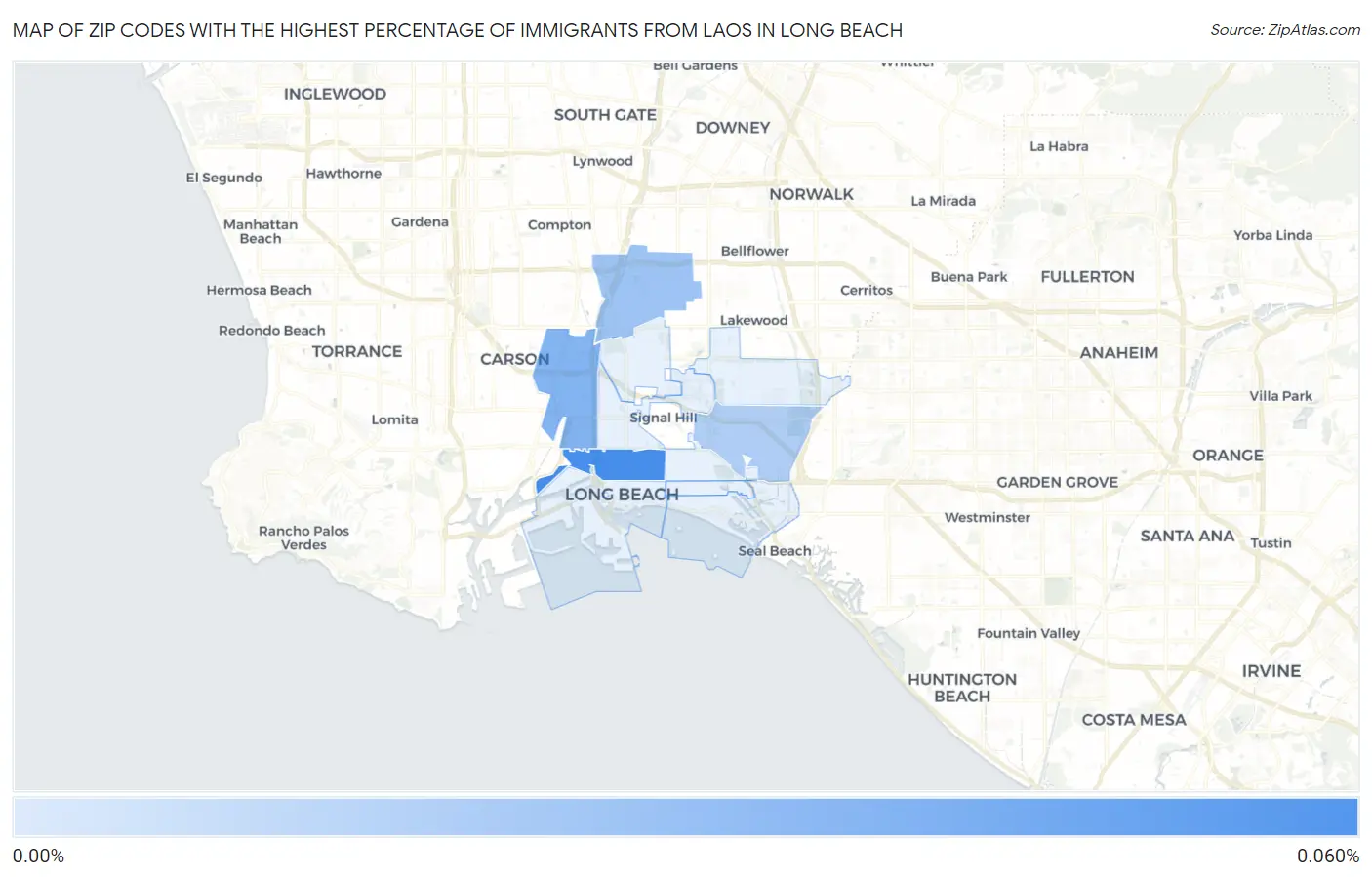 Zip Codes with the Highest Percentage of Immigrants from Laos in Long Beach Map