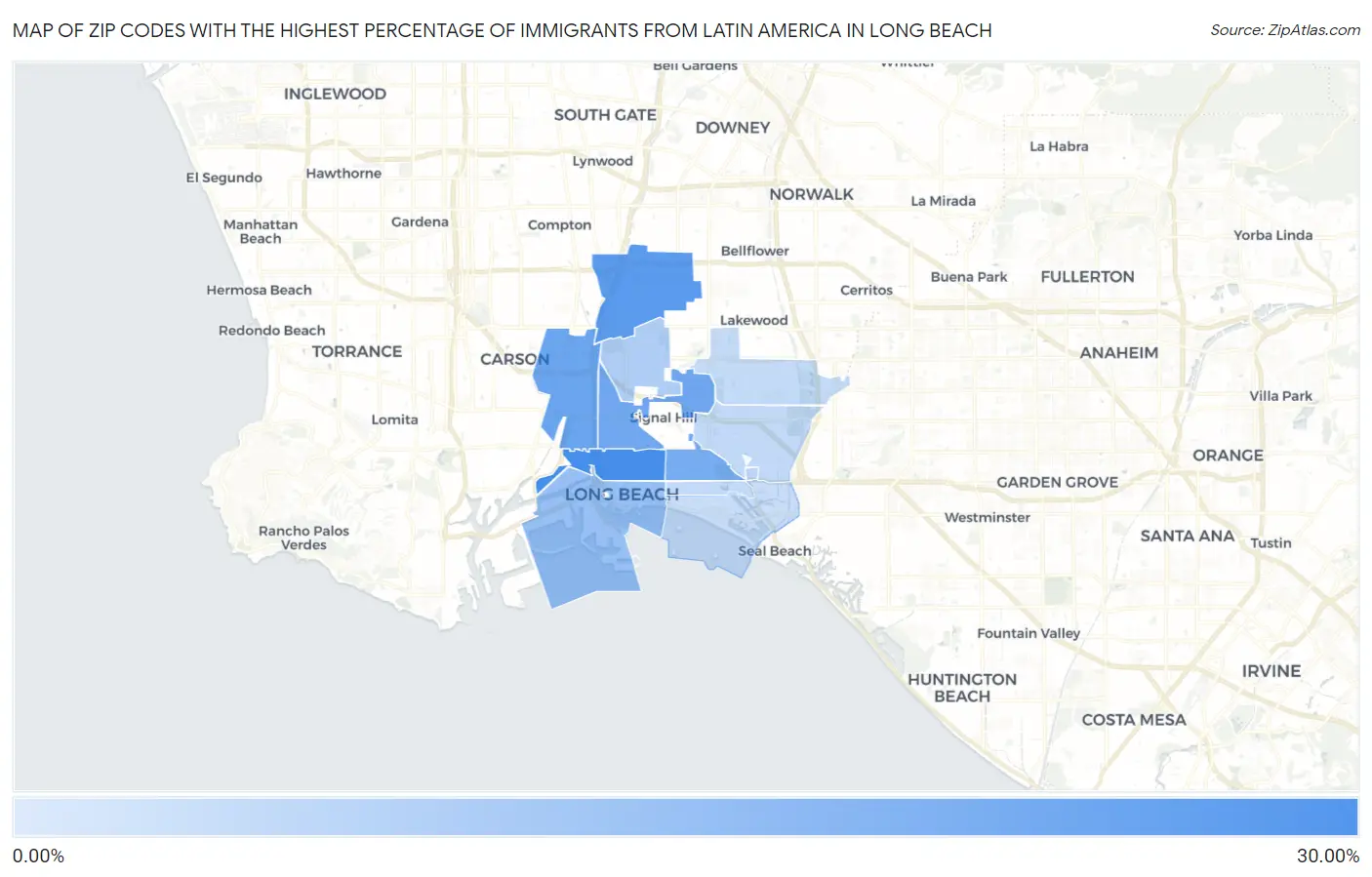 Zip Codes with the Highest Percentage of Immigrants from Latin America in Long Beach Map