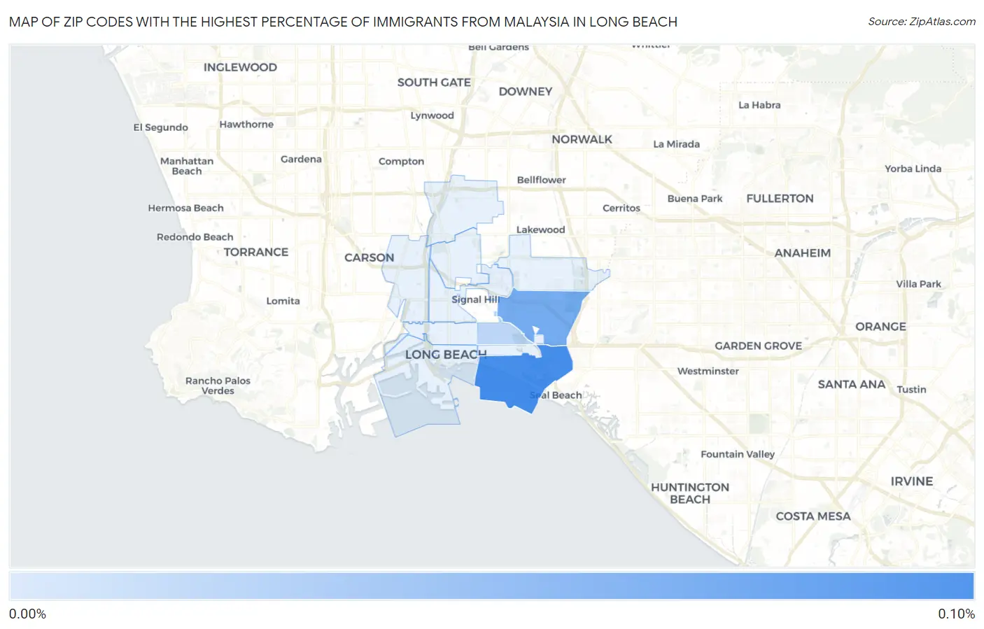 Zip Codes with the Highest Percentage of Immigrants from Malaysia in Long Beach Map