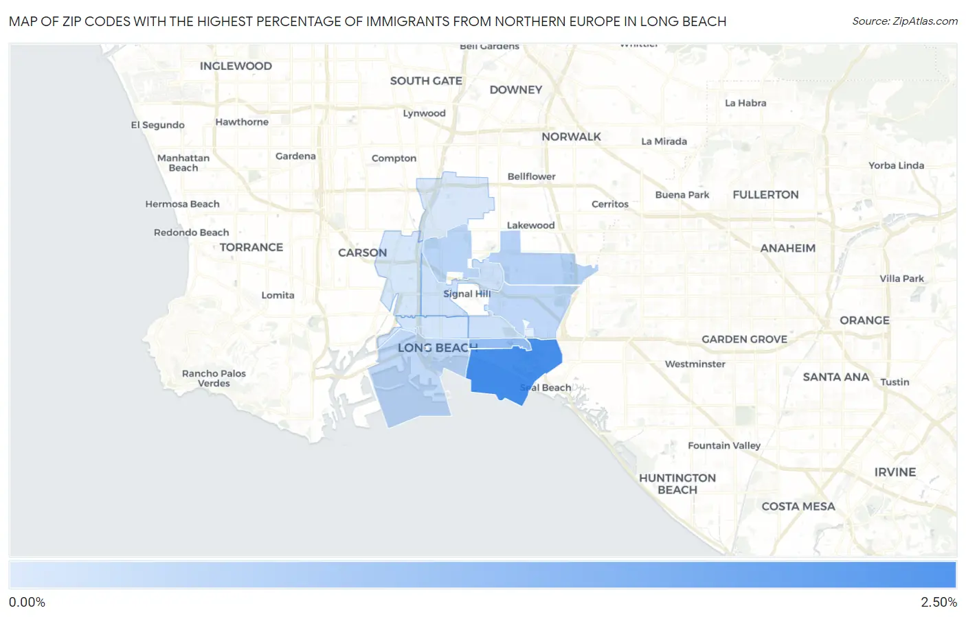 Zip Codes with the Highest Percentage of Immigrants from Northern Europe in Long Beach Map