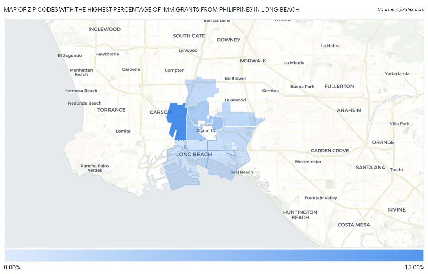 Zip Codes with the Highest Percentage of Immigrants from Philippines in Long Beach Map