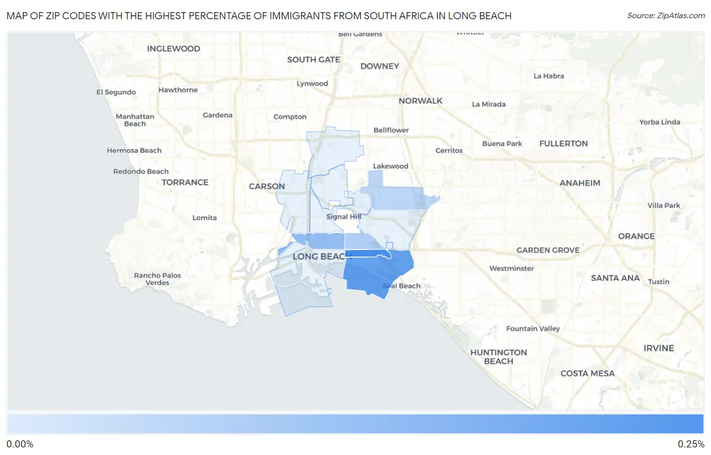 Zip Codes with the Highest Percentage of Immigrants from South Africa in Long Beach Map