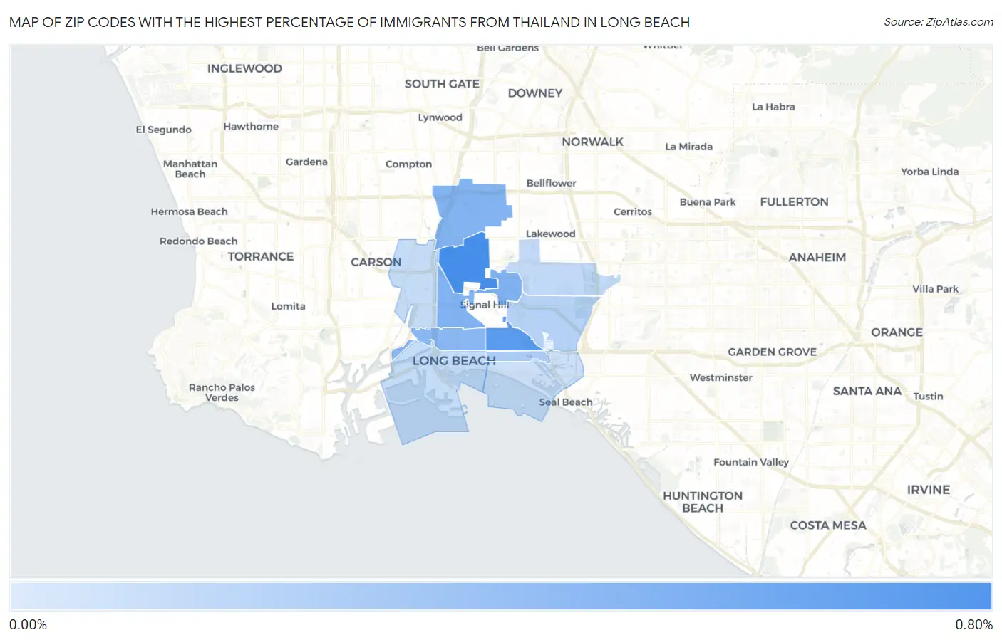 Zip Codes with the Highest Percentage of Immigrants from Thailand in Long Beach Map