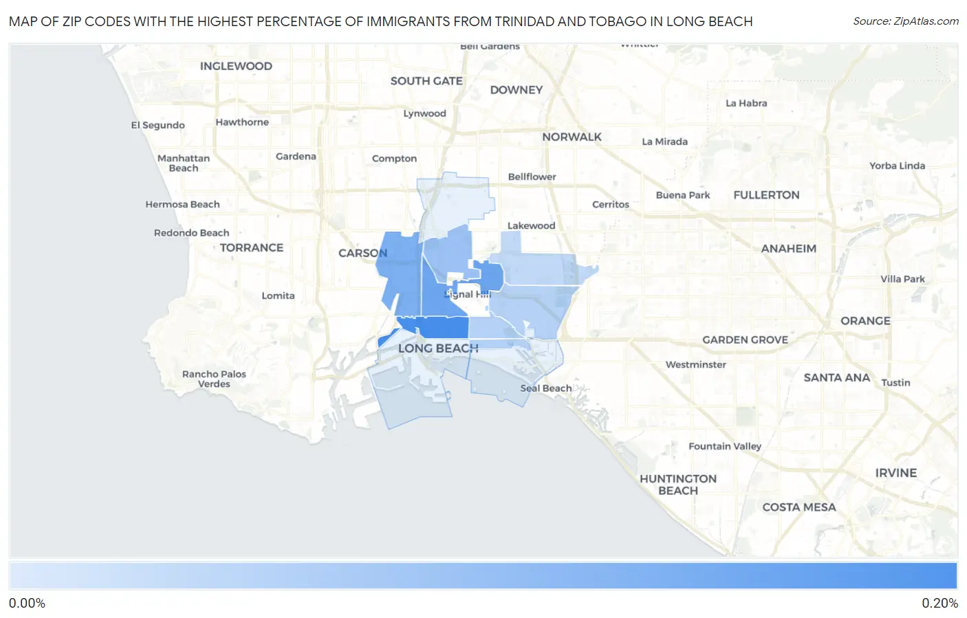 Zip Codes with the Highest Percentage of Immigrants from Trinidad and Tobago in Long Beach Map