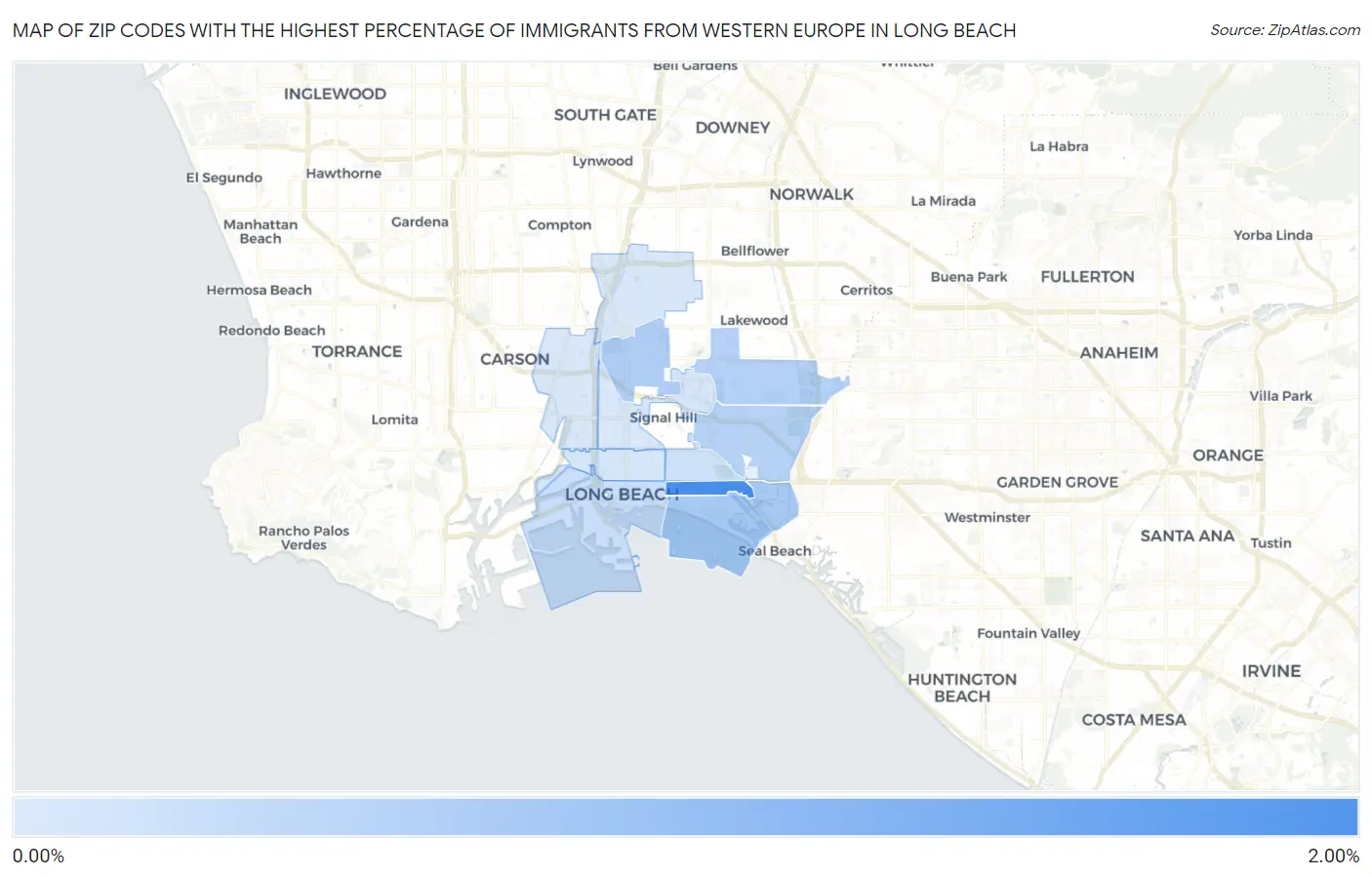 Zip Codes with the Highest Percentage of Immigrants from Western Europe in Long Beach Map
