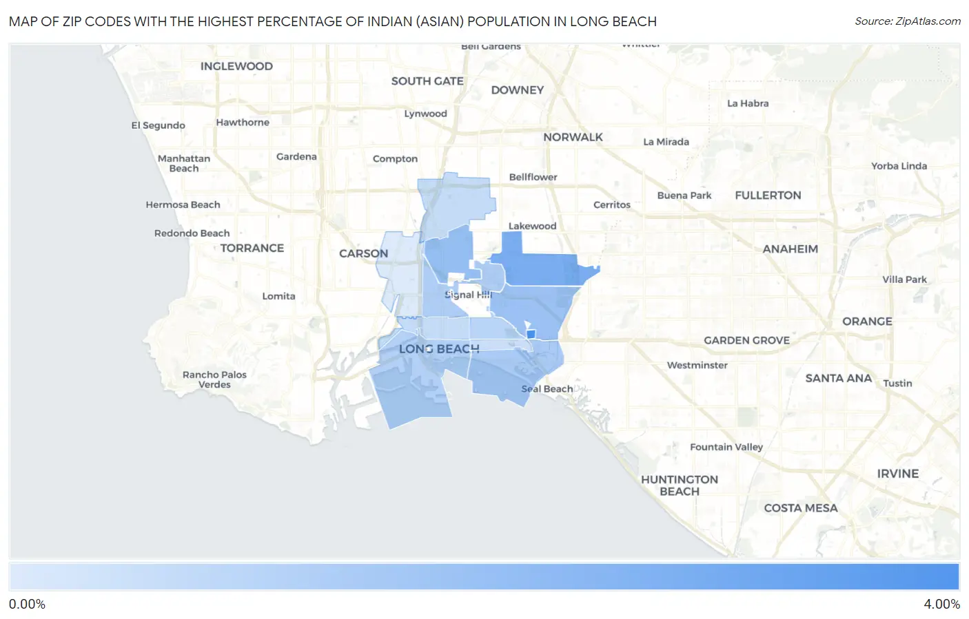 Zip Codes with the Highest Percentage of Indian (Asian) Population in Long Beach Map