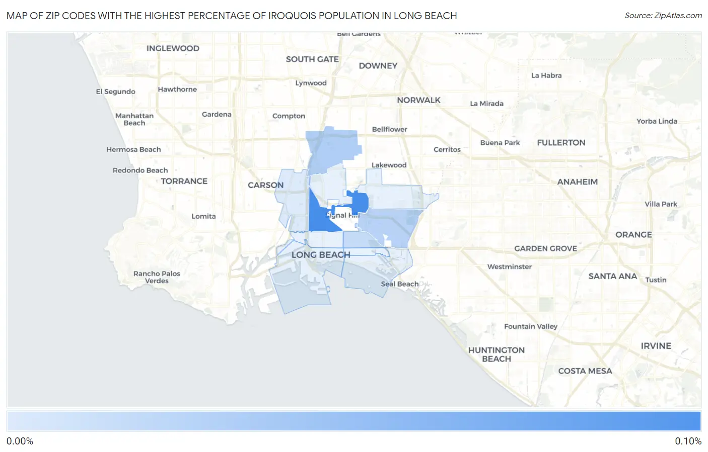 Zip Codes with the Highest Percentage of Iroquois Population in Long Beach Map