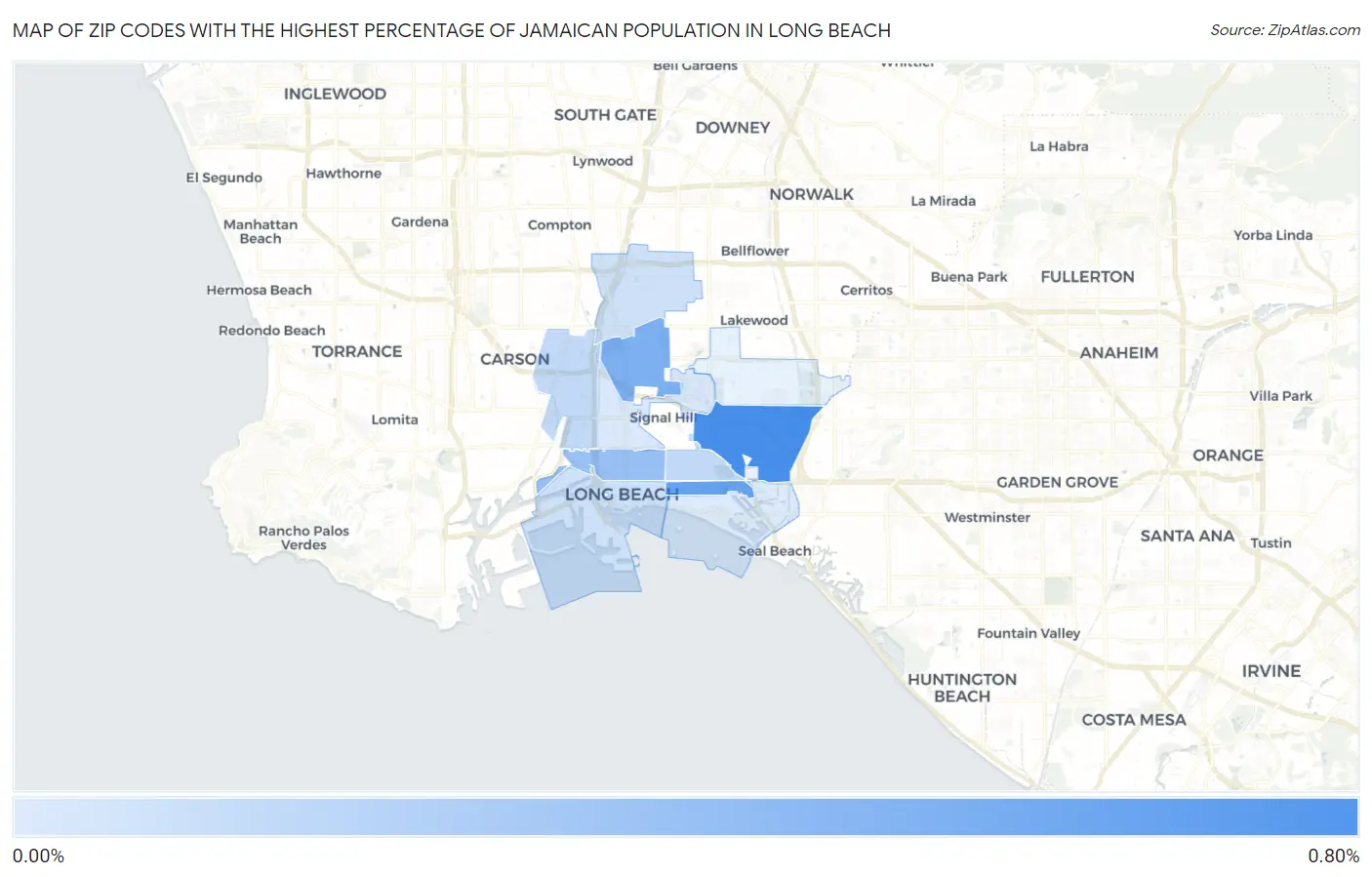 Zip Codes with the Highest Percentage of Jamaican Population in Long Beach Map