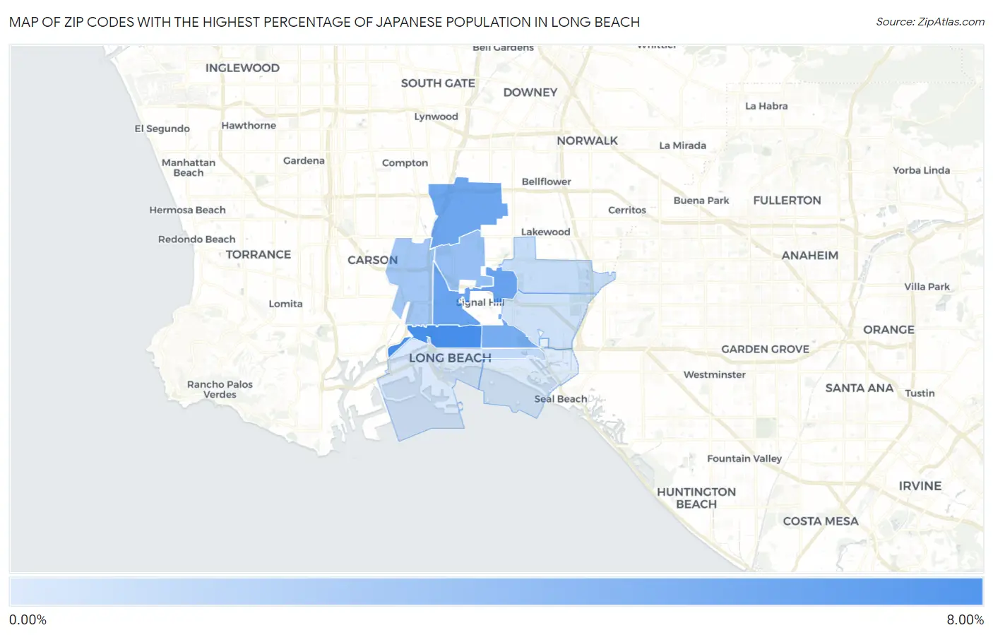 Zip Codes with the Highest Percentage of Japanese Population in Long Beach Map