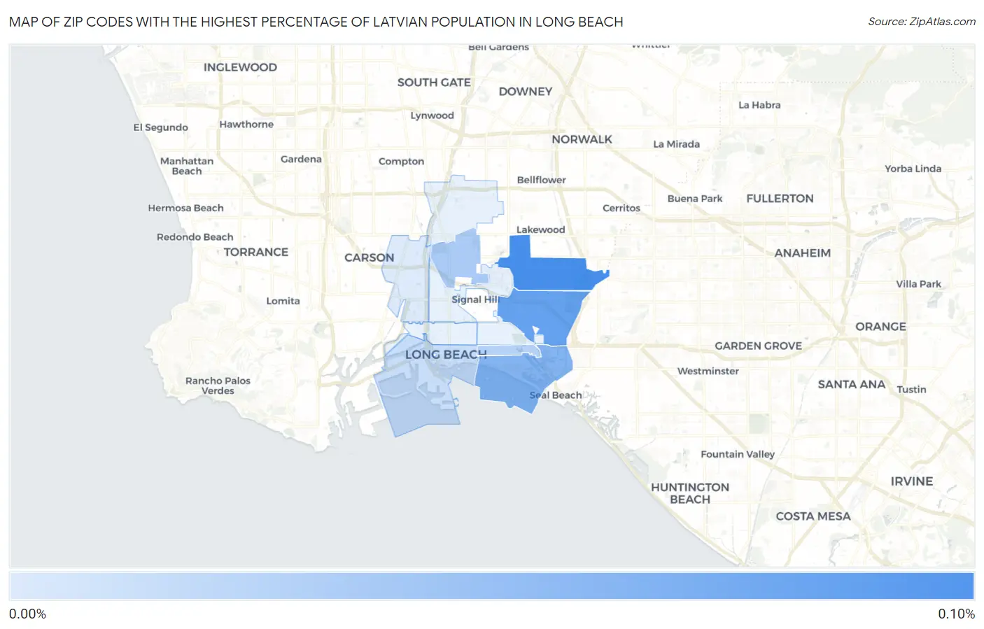 Zip Codes with the Highest Percentage of Latvian Population in Long Beach Map