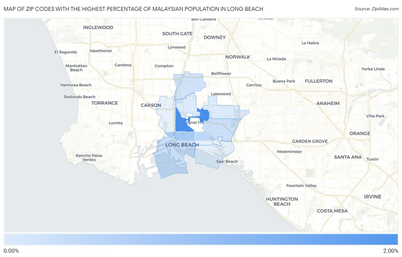 Zip Codes with the Highest Percentage of Malaysian Population in Long Beach Map