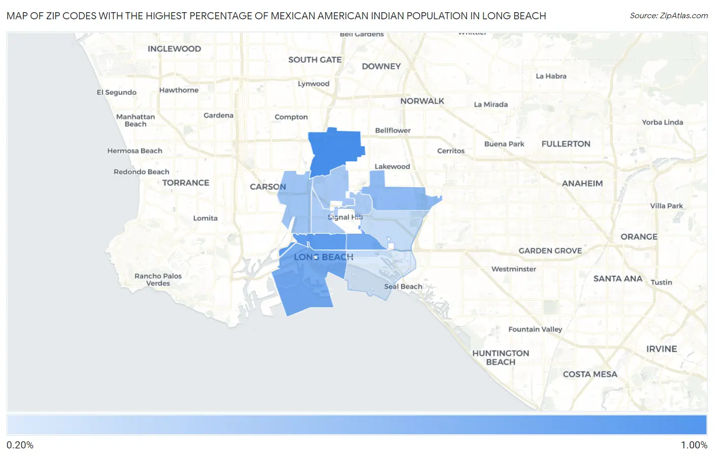 Zip Codes with the Highest Percentage of Mexican American Indian Population in Long Beach Map
