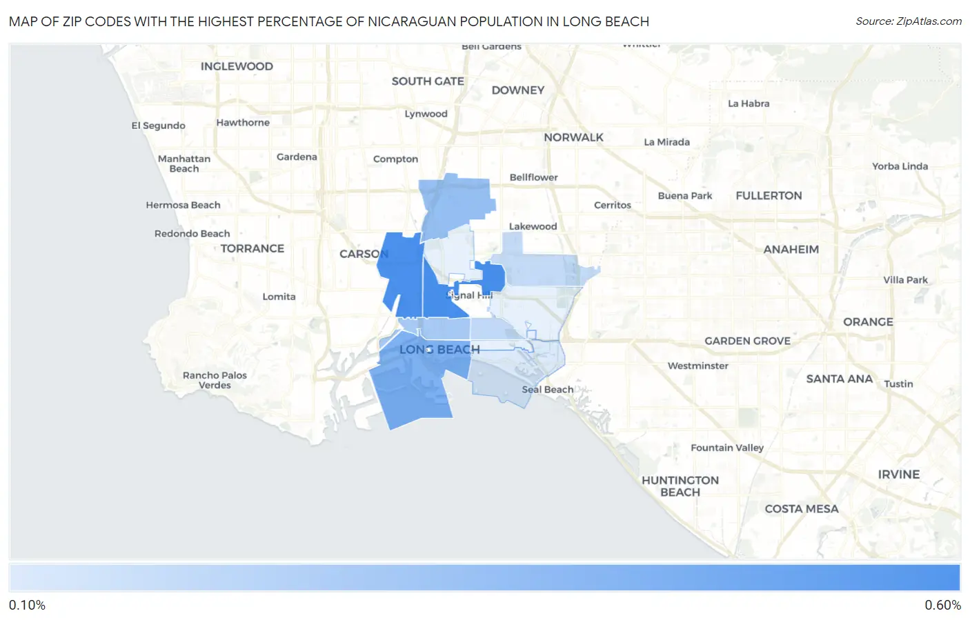 Zip Codes with the Highest Percentage of Nicaraguan Population in Long Beach Map