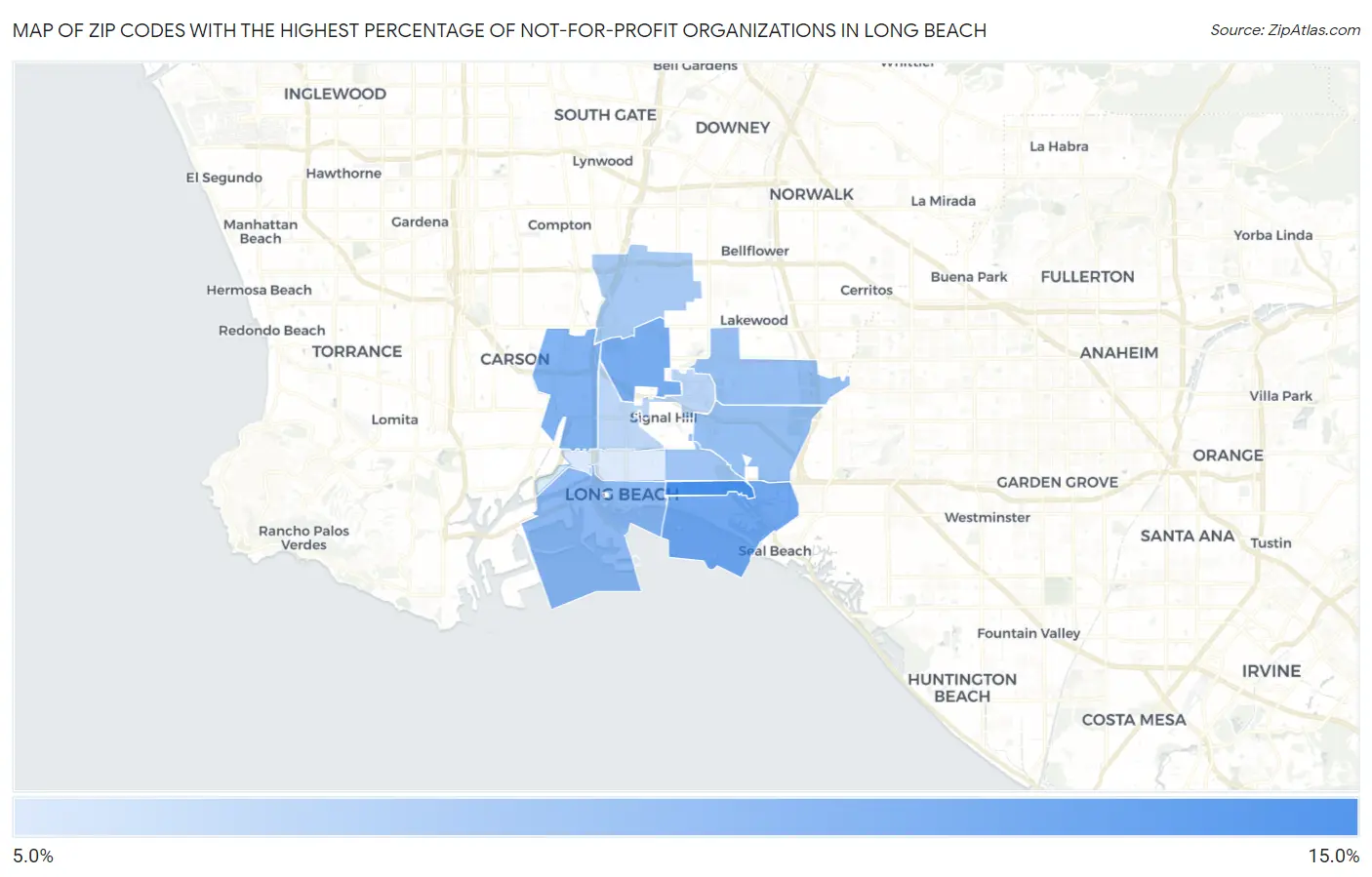 Zip Codes with the Highest Percentage of Not-for-profit Organizations in Long Beach Map