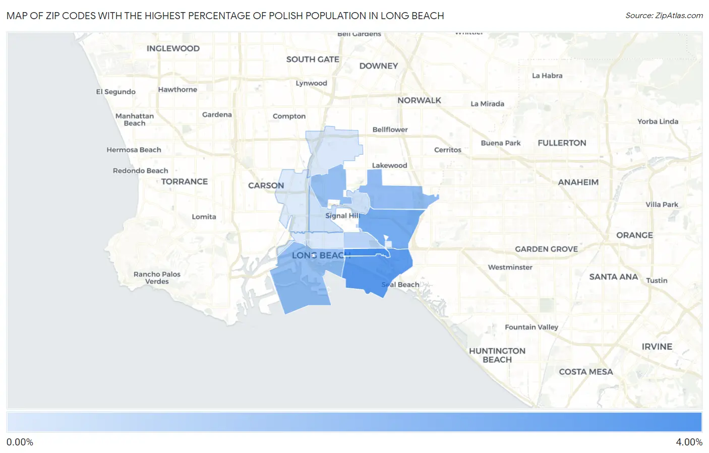 Zip Codes with the Highest Percentage of Polish Population in Long Beach Map