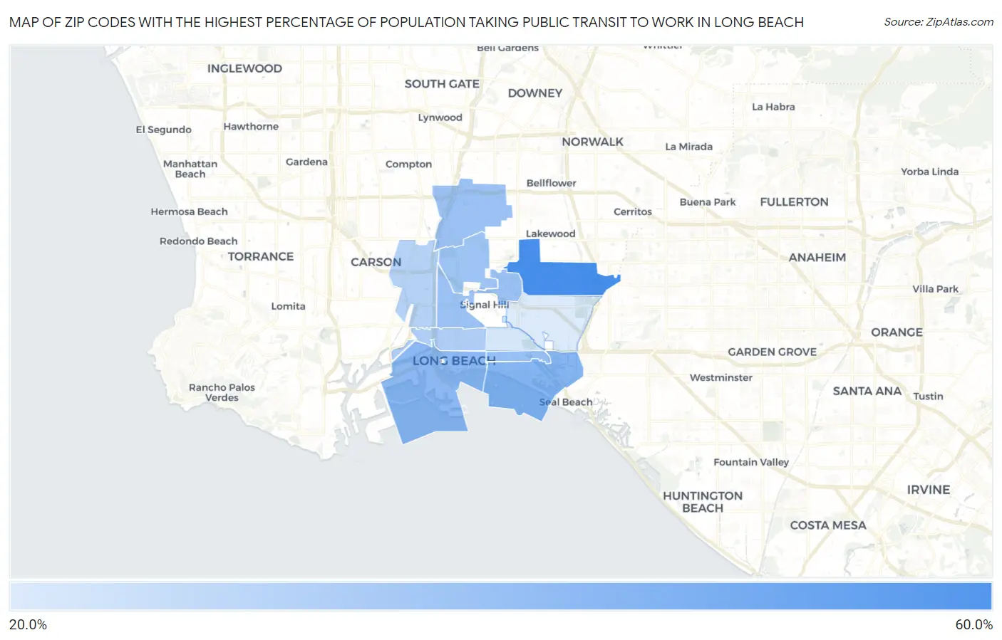 Zip Codes with the Highest Percentage of Population Taking Public Transit to Work in Long Beach Map
