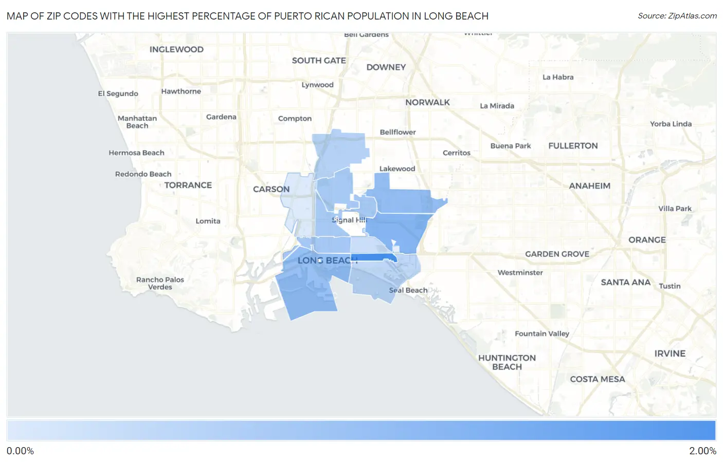 Zip Codes with the Highest Percentage of Puerto Rican Population in Long Beach Map